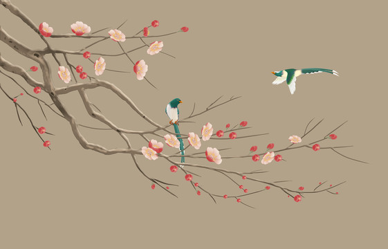 復古梅花手繪花鳥背景墻裝飾畫
