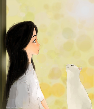 女孩和貓插畫