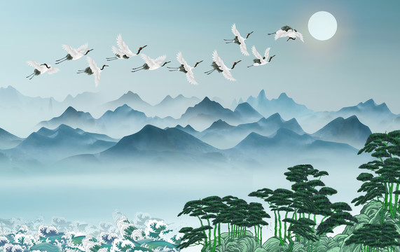 仙鶴松樹山水