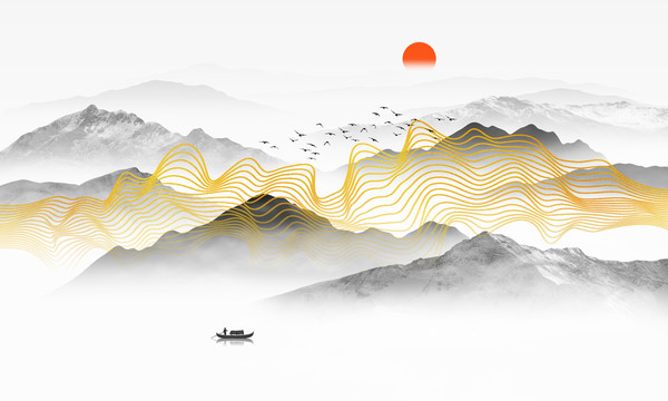 金色線條山水