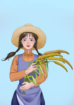 手繪插畫(huà)懷抱谷子的少女