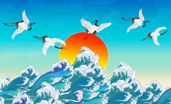 旭日東升仙鶴海浪