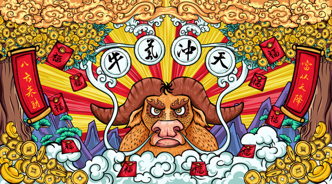 牛氣沖天國(guó)潮插畫(huà)