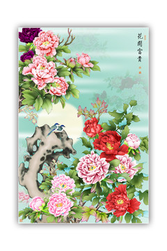 花開富貴月圓雙雀圖