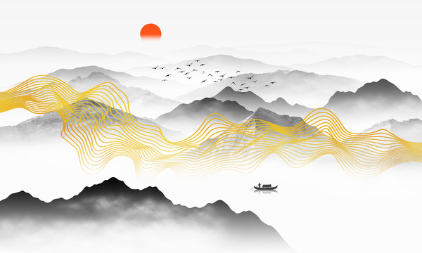 金色線條山水
