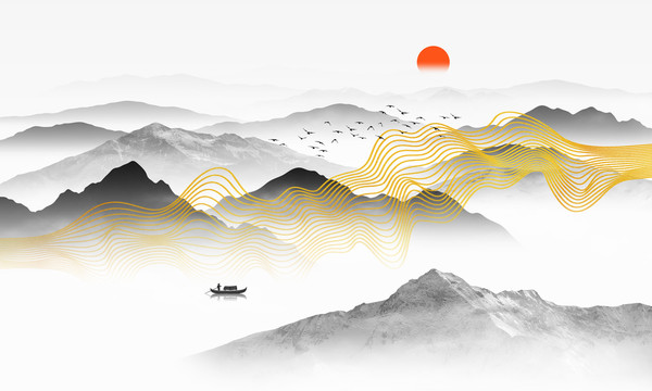 金色線條山水