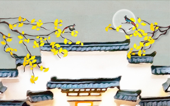 徽派建筑銀杏花鳥