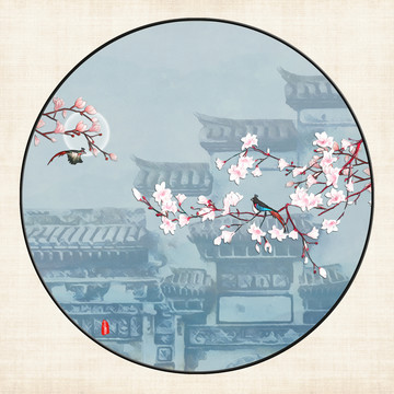 徽派建筑手繪玉蘭花鳥