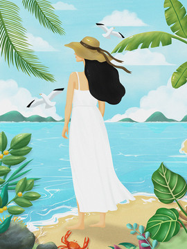 小清新初夏海灘連衣裙女孩插畫