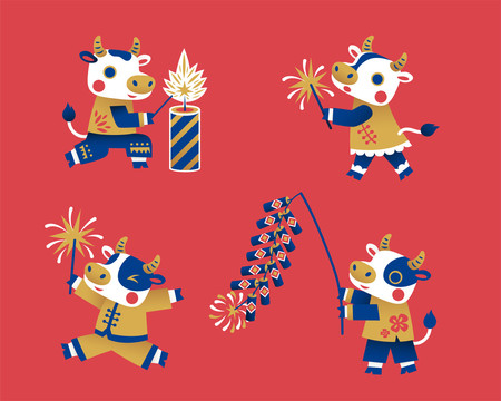 2021可愛(ài)生肖牛放焰火點(diǎn)炮集合