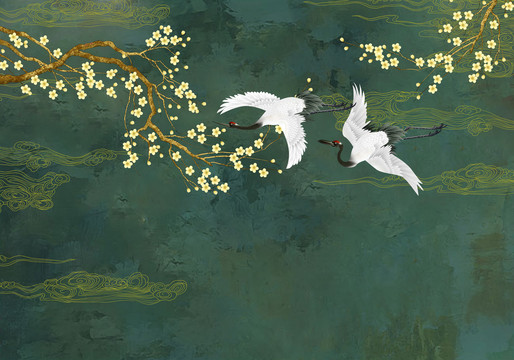 仙鶴梅花油畫(huà)墨綠色背景墻