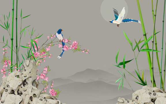 竹子花鳥桃花