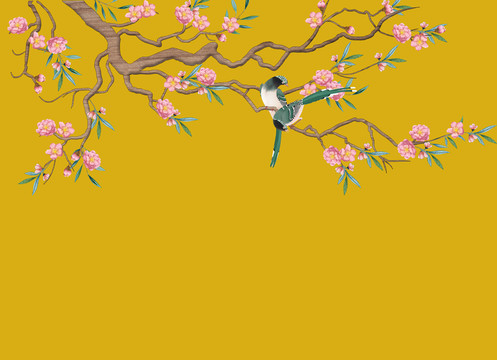 花鳥桃花梅花背景墻金色金箔
