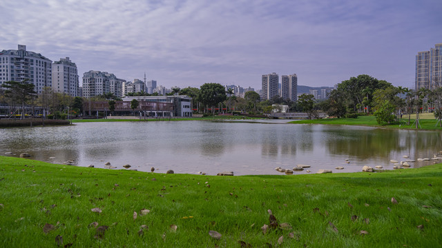 映衬这都市建筑的湖面