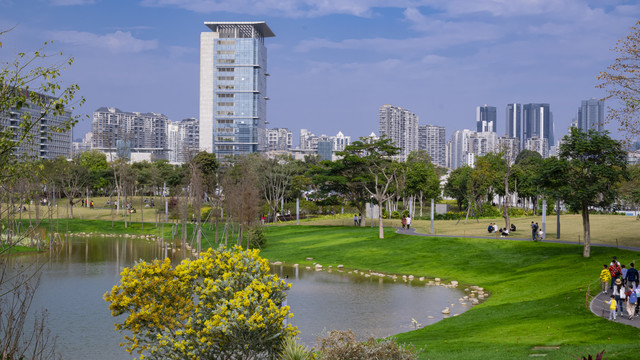 映衬这都市建筑的湖面