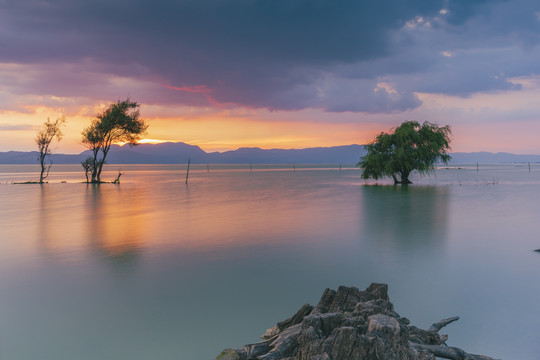 晚霞湖泊树与水面光影全景