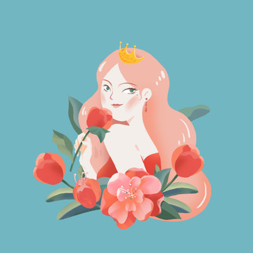 可愛鮮花浪漫女孩女神節(jié)插畫