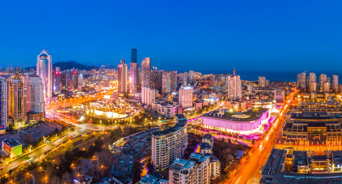 航拍青岛城市景观夜景