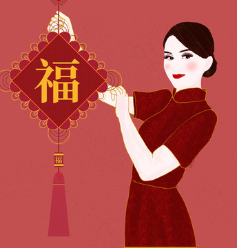 手拿中国结庆祝新年的女孩插画
