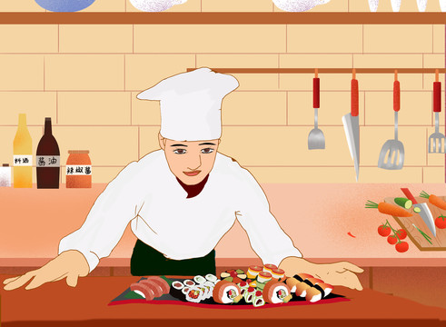 手绘做寿司的厨师插画