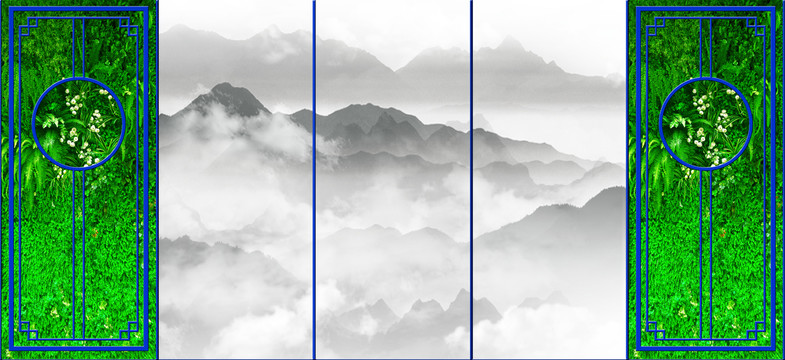 水墨山水綠植背景墻