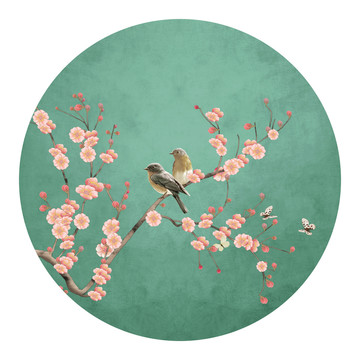 新中式花鸟圆形装饰画