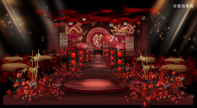 中式紅金色龍鳳婚禮效果圖