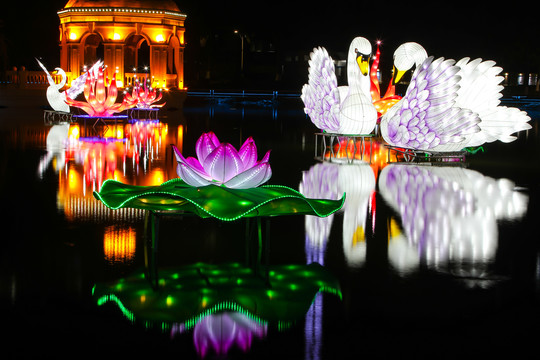 春节花灯展水上莲花仙鹤