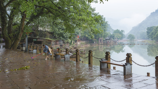 洪雅柳江古镇烟雨柳江自然风光