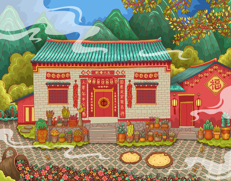 手绘中中式传统建筑农家小院插画