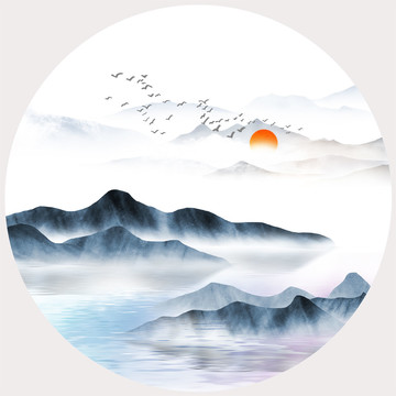 新中式圓形手繪山水無框畫