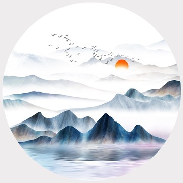 新中式圆形手绘山水无框画