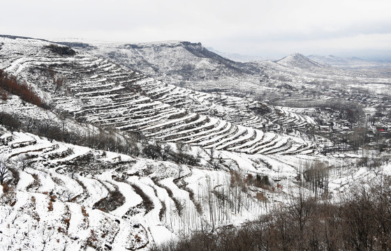 山乡梯田雪景美