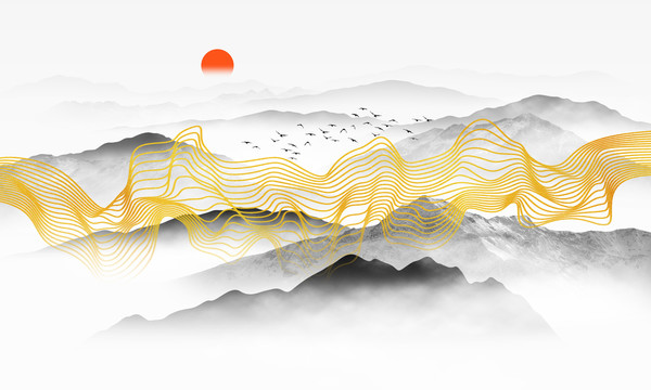 金色線條山水
