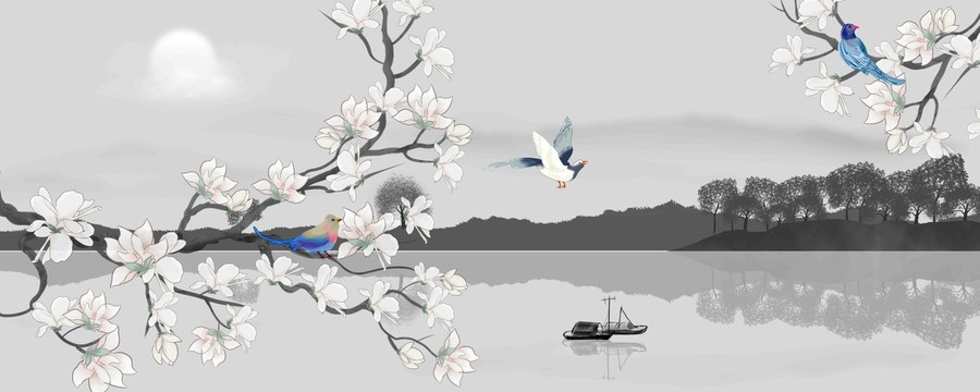 玉蘭花水墨花鳥畫