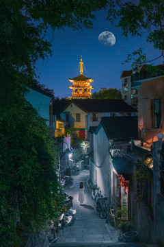 杭州城市小巷夜景