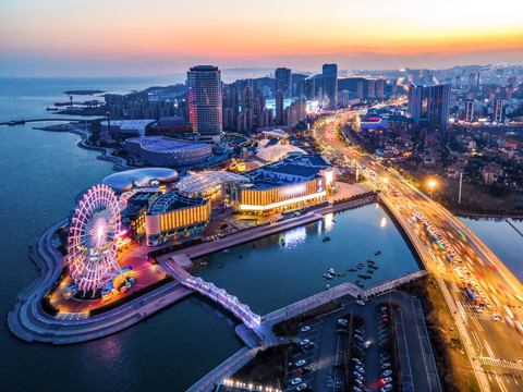 航拍青岛西海岸夜景