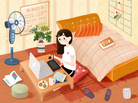 夏季室內女孩手繪插畫設計