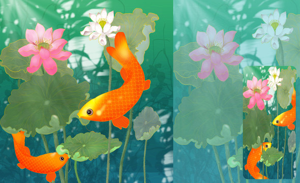 唯美光影池塘荷花魚宣傳插畫