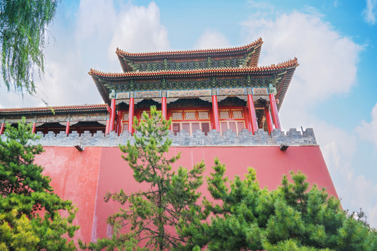 仰拍北京故宫的城墙角楼和绿树