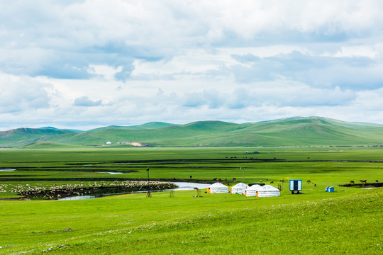河流夏季草原牧场蒙古包
