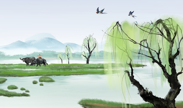 春天中國風(fēng)水墨山水背景插畫