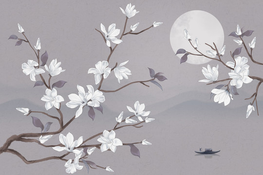 玉蘭花鳥背景墻
