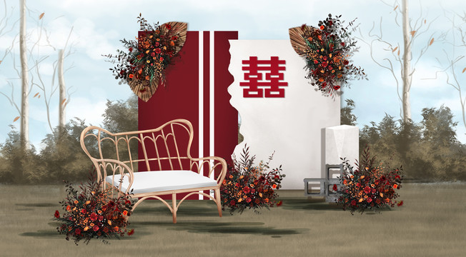 紅白侘寂風(fēng)戶外婚禮效果圖