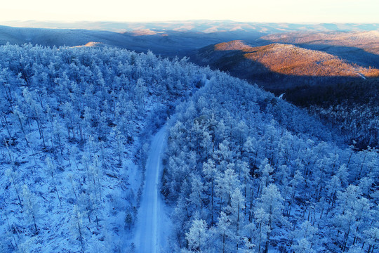 大兴安岭冬季林海雪原山路