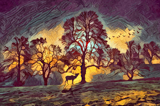 意境抽象麋鹿森林油画