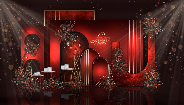 紅色紅金婚禮效果圖迎賓區(qū)