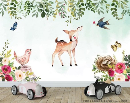森林动物水彩画儿童背景墙
