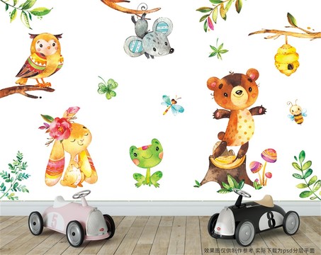 森林动物采蜜水彩画儿童背景墙