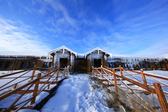 雪原雪乡木刻楞农舍冰雪风光